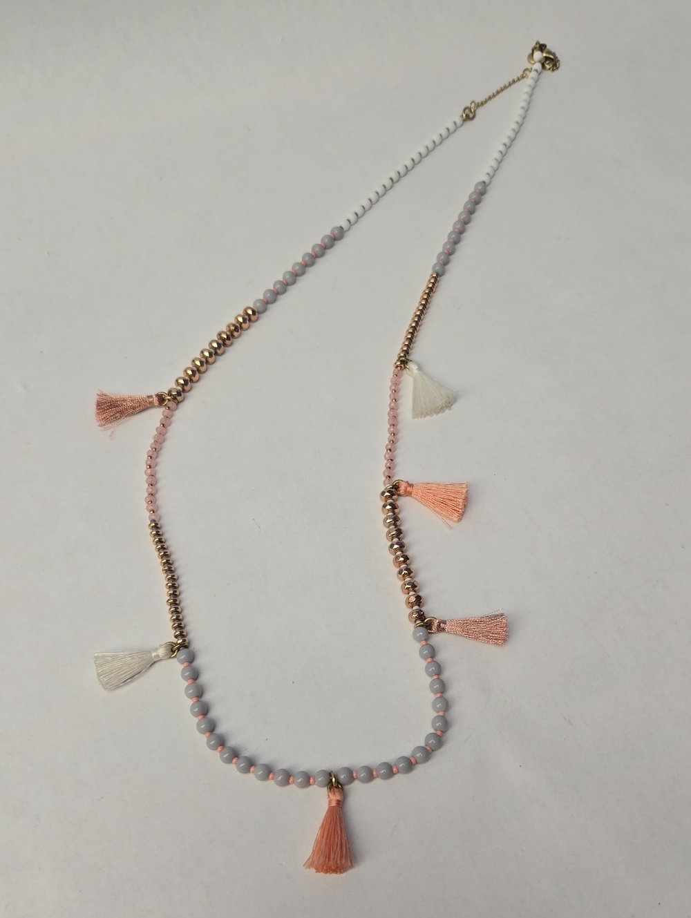 J. Crew Beaded Necklace with Rose Gold, Peach & White Tassels
